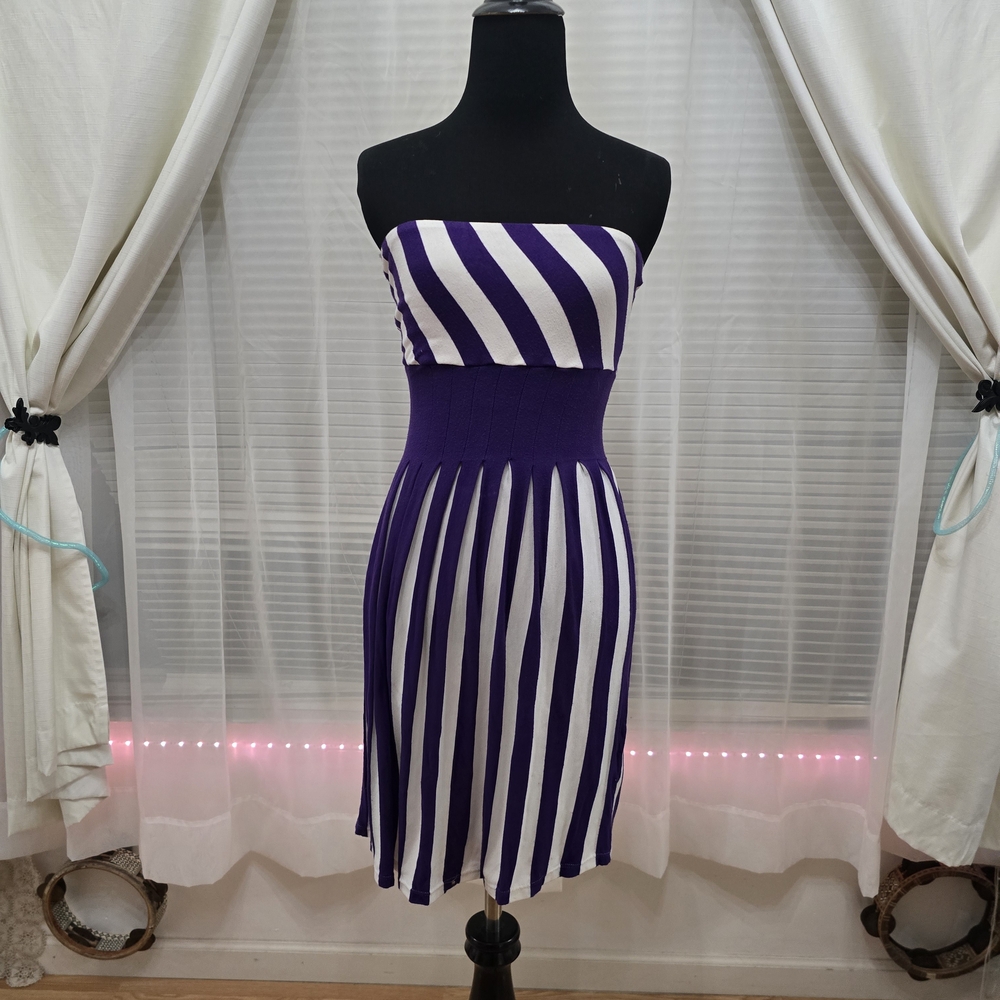 Purple and White Striped Strapless Dress